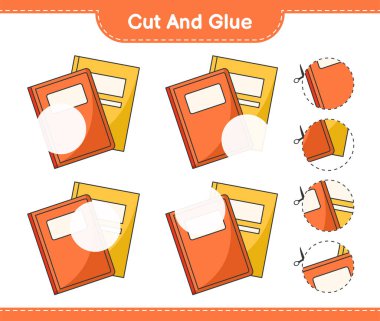 Kes ve yapıştır, Kitap parçalarını kes ve yapıştır. Eğitimsel çocuk oyunu, yazdırılabilir çalışma tablosu, vektör illüstrasyonu
