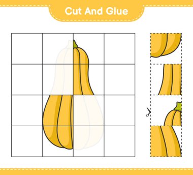 Kes ve yapıştır, Butternut Squash 'ın parçalarını kes ve yapıştır. Eğitimsel çocuk oyunu, yazdırılabilir çalışma tablosu, vektör illüstrasyonu