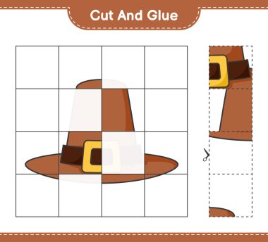 Kes ve yapıştır, Şapka parçalarını kes ve yapıştır. Eğitimsel çocuk oyunu, yazdırılabilir çalışma tablosu, vektör illüstrasyonu