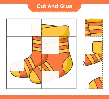 Kes ve yapıştır, Çorap parçalarını kes ve yapıştır. Eğitimsel çocuk oyunu, yazdırılabilir çalışma tablosu, vektör illüstrasyonu