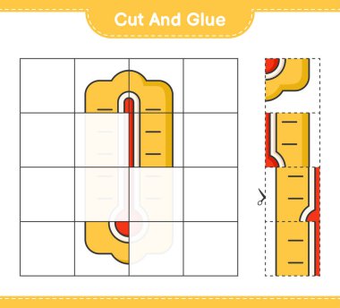 Kes ve yapıştır, termometrenin parçalarını kes ve yapıştır. Eğitimsel çocuk oyunu, yazdırılabilir çalışma tablosu, vektör illüstrasyonu