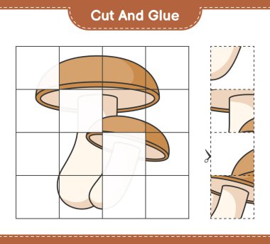 Kes ve yapıştır, Shiitake 'in parçalarını kes ve yapıştır. Eğitimsel çocuk oyunu, yazdırılabilir çalışma tablosu, vektör illüstrasyonu
