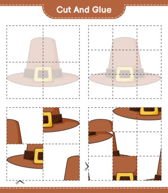 Kes ve yapıştır, Şapka parçalarını kes ve yapıştır. Eğitimsel çocuk oyunu, yazdırılabilir çalışma tablosu, vektör illüstrasyonu