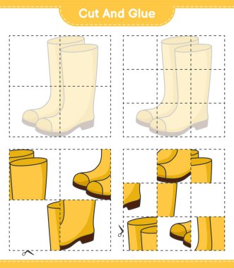 Kes ve yapıştır, Rubber Boots 'un parçalarını kes ve yapıştır. Eğitimsel çocuk oyunu, yazdırılabilir çalışma tablosu, vektör illüstrasyonu