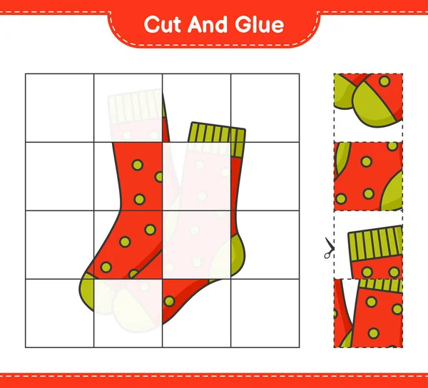 Kes ve yapıştır, Çorap parçalarını kes ve yapıştır. Eğitimsel çocuk oyunu, yazdırılabilir çalışma tablosu, vektör illüstrasyonu