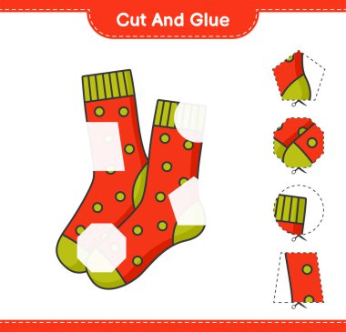 Kes ve yapıştır, Çorap parçalarını kes ve yapıştır. Eğitimsel çocuk oyunu, yazdırılabilir çalışma tablosu, vektör illüstrasyonu