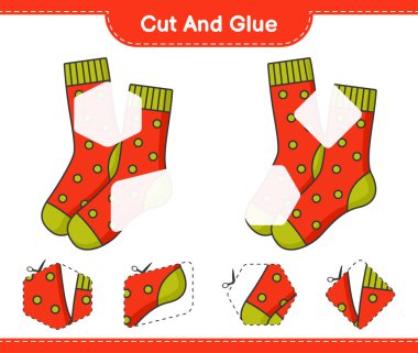 Kes ve yapıştır, Çorap parçalarını kes ve yapıştır. Eğitimsel çocuk oyunu, yazdırılabilir çalışma tablosu, vektör illüstrasyonu