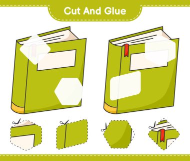 Kes ve yapıştır, Kitap parçalarını kes ve yapıştır. Eğitimsel çocuk oyunu, yazdırılabilir çalışma tablosu, vektör illüstrasyonu