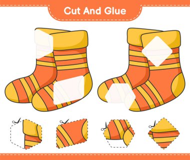 Kes ve yapıştır, Çorap parçalarını kes ve yapıştır. Eğitimsel çocuk oyunu, yazdırılabilir çalışma tablosu, vektör illüstrasyonu