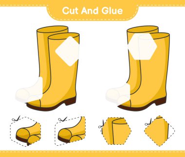 Kes ve yapıştır, Rubber Boots 'un parçalarını kes ve yapıştır. Eğitimsel çocuk oyunu, yazdırılabilir çalışma tablosu, vektör illüstrasyonu