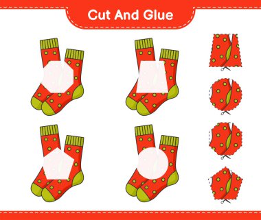 Kes ve yapıştır, Çorap parçalarını kes ve yapıştır. Eğitimsel çocuk oyunu, yazdırılabilir çalışma tablosu, vektör illüstrasyonu