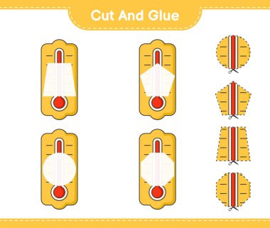 Kes ve yapıştır, termometrenin parçalarını kes ve yapıştır. Eğitimsel çocuk oyunu, yazdırılabilir çalışma tablosu, vektör illüstrasyonu