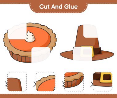 Kes ve yapıştır, Şapka ve Turta 'nın parçalarını kes. Eğitimsel çocuk oyunu, yazdırılabilir çalışma tablosu, vektör illüstrasyonu