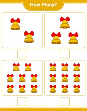 Oyun sayıyorum, kaç tane Noel Çanı var. Eğitimsel çocuk oyunu, yazdırılabilir çalışma tablosu, vektör illüstrasyonu