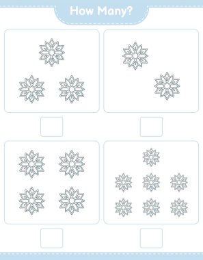 Maç sayısı, kaç tane kar tanesi. Eğitimsel çocuk oyunu, yazdırılabilir çalışma tablosu, vektör illüstrasyonu