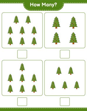 Oyun sayıyorum, kaç Noel Ağacı var. Eğitimsel çocuk oyunu, yazdırılabilir çalışma tablosu, vektör illüstrasyonu