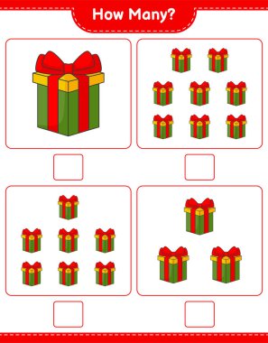 Sayma oyunu, kaç tane hediye kutusu var. Eğitimsel çocuk oyunu, yazdırılabilir çalışma tablosu, vektör illüstrasyonu