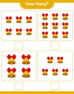 Oyun sayıyorum, kaç tane Noel Çanı var. Eğitimsel çocuk oyunu, yazdırılabilir çalışma tablosu, vektör illüstrasyonu