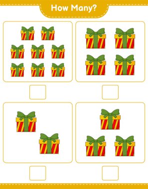 Sayma oyunu, kaç tane hediye kutusu var. Eğitimsel çocuk oyunu, yazdırılabilir çalışma tablosu, vektör illüstrasyonu