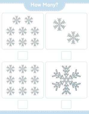 Maç sayısı, kaç tane kar tanesi. Eğitimsel çocuk oyunu, yazdırılabilir çalışma tablosu, vektör illüstrasyonu