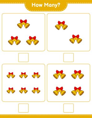Oyun sayıyorum, kaç tane Noel Çanı var. Eğitimsel çocuk oyunu, yazdırılabilir çalışma tablosu, vektör illüstrasyonu