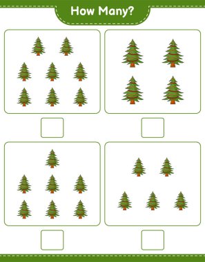 Oyun sayıyorum, kaç Noel Ağacı var. Eğitimsel çocuk oyunu, yazdırılabilir çalışma tablosu, vektör illüstrasyonu