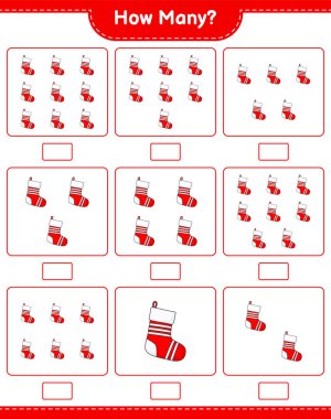 Maç sayıyorum, kaç tane Noel Çorabı. Eğitimsel çocuk oyunu, yazdırılabilir çalışma tablosu, vektör illüstrasyonu