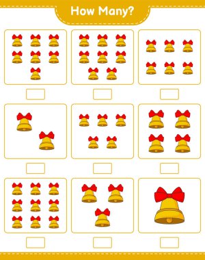 Oyun sayıyorum, kaç tane Noel Çanı var. Eğitimsel çocuk oyunu, yazdırılabilir çalışma tablosu, vektör illüstrasyonu