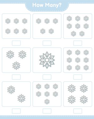 Maç sayısı, kaç tane kar tanesi. Eğitimsel çocuk oyunu, yazdırılabilir çalışma tablosu, vektör illüstrasyonu