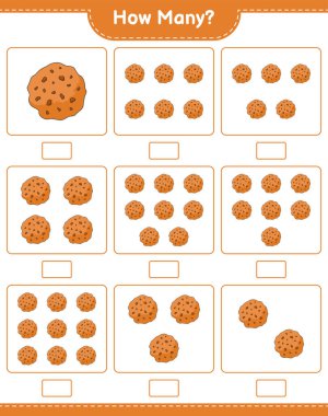 Oyun sayıyorum, kaç tane Cookie. Eğitimsel çocuk oyunu, yazdırılabilir çalışma tablosu, vektör illüstrasyonu