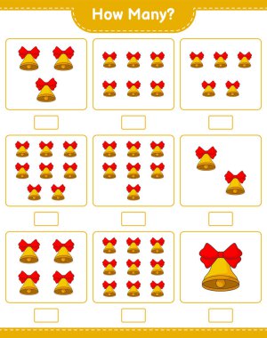 Oyun sayıyorum, kaç tane Noel Çanı var. Eğitimsel çocuk oyunu, yazdırılabilir çalışma tablosu, vektör illüstrasyonu