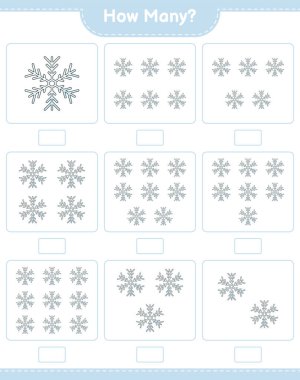 Maç sayısı, kaç tane kar tanesi. Eğitimsel çocuk oyunu, yazdırılabilir çalışma tablosu, vektör illüstrasyonu