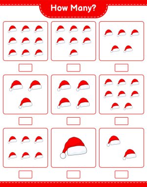 Oyun sayıyorum, kaç tane Noel Baba şapkası var? Eğitimsel çocuk oyunu, yazdırılabilir çalışma tablosu, vektör illüstrasyonu