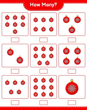 Maç sayıyorum, kaç tane Noel Balosu. Eğitimsel çocuk oyunu, yazdırılabilir çalışma tablosu, vektör illüstrasyonu
