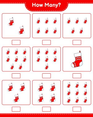 Maç sayıyorum, kaç tane Noel Çorabı. Eğitimsel çocuk oyunu, yazdırılabilir çalışma tablosu, vektör illüstrasyonu