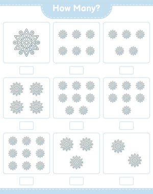 Maç sayısı, kaç tane kar tanesi. Eğitimsel çocuk oyunu, yazdırılabilir çalışma tablosu, vektör illüstrasyonu