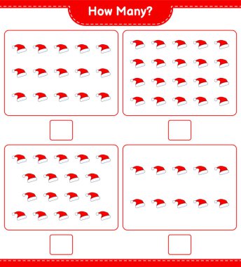 Oyun sayıyorum, kaç tane Noel Baba şapkası var? Eğitimsel çocuk oyunu, yazdırılabilir çalışma tablosu, vektör illüstrasyonu