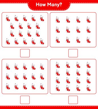 Maç sayıyorum, kaç tane Noel Çorabı. Eğitimsel çocuk oyunu, yazdırılabilir çalışma tablosu, vektör illüstrasyonu