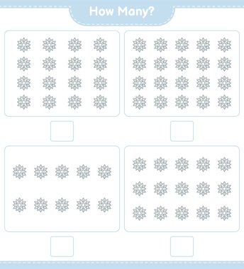 Maç sayısı, kaç tane kar tanesi. Eğitimsel çocuk oyunu, yazdırılabilir çalışma tablosu, vektör illüstrasyonu