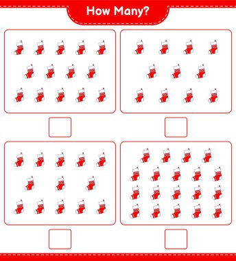 Maç sayıyorum, kaç tane Noel Çorabı. Eğitimsel çocuk oyunu, yazdırılabilir çalışma tablosu, vektör illüstrasyonu