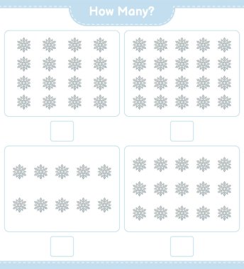 Maç sayısı, kaç tane kar tanesi. Eğitimsel çocuk oyunu, yazdırılabilir çalışma tablosu, vektör illüstrasyonu