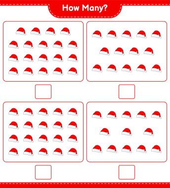 Oyun sayıyorum, kaç tane Noel Baba şapkası var? Eğitimsel çocuk oyunu, yazdırılabilir çalışma tablosu, vektör illüstrasyonu