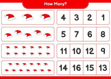 Oyun sayıyorum, kaç tane Noel Baba şapkası var? Eğitimsel çocuk oyunu, yazdırılabilir çalışma tablosu, vektör illüstrasyonu