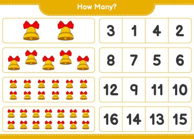 Oyun sayıyorum, kaç tane Noel Çanı var. Eğitimsel çocuk oyunu, yazdırılabilir çalışma tablosu, vektör illüstrasyonu