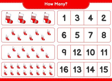 Maç sayıyorum, kaç tane Noel Çorabı. Eğitimsel çocuk oyunu, yazdırılabilir çalışma tablosu, vektör illüstrasyonu
