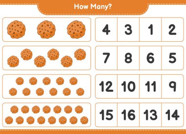 Oyun sayıyorum, kaç tane Cookie. Eğitimsel çocuk oyunu, yazdırılabilir çalışma tablosu, vektör illüstrasyonu