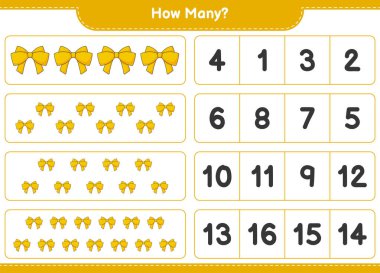 Maç sayısı, kaç kurdele. Eğitimsel çocuk oyunu, yazdırılabilir çalışma tablosu, vektör illüstrasyonu