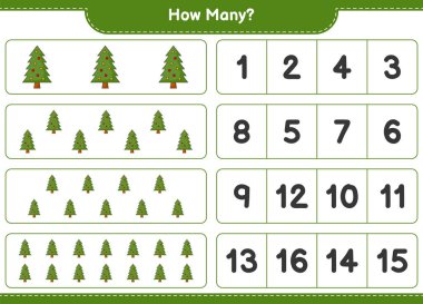 Oyun sayıyorum, kaç Noel Ağacı var. Eğitimsel çocuk oyunu, yazdırılabilir çalışma tablosu, vektör illüstrasyonu