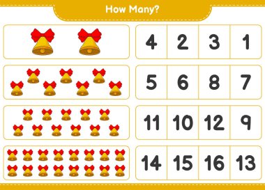 Oyun sayıyorum, kaç tane Noel Çanı var. Eğitimsel çocuk oyunu, yazdırılabilir çalışma tablosu, vektör illüstrasyonu