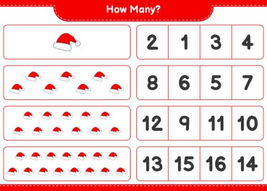 Oyun sayıyorum, kaç tane Noel Baba şapkası var? Eğitimsel çocuk oyunu, yazdırılabilir çalışma tablosu, vektör illüstrasyonu